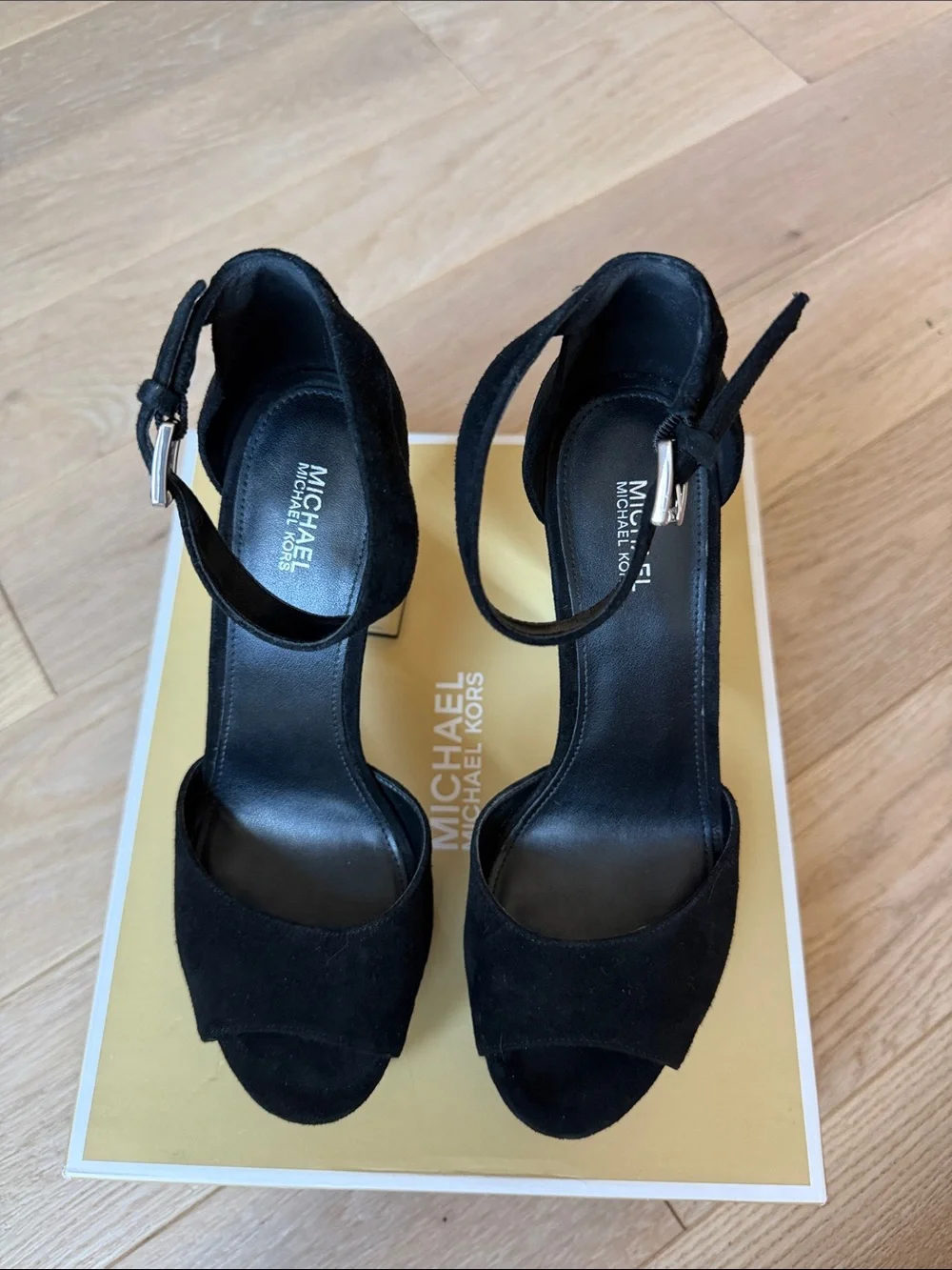 Michael Kors Black Suede Platform Sandals with Mirrored Block Heel